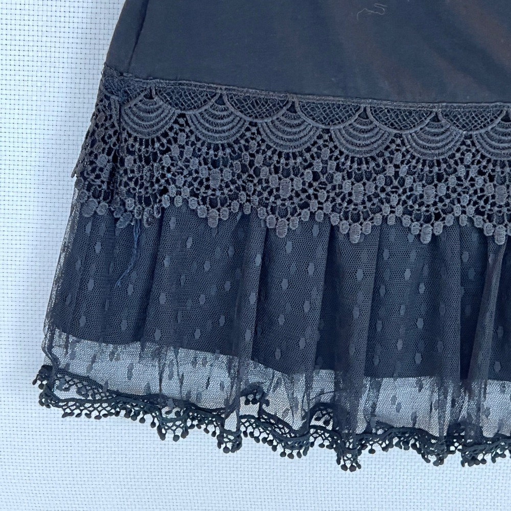 Sleeveless Small Black Cotton Slip Dress wide‎ Lace and Mesh Hem Goth Witchy - Picture 4 of 10